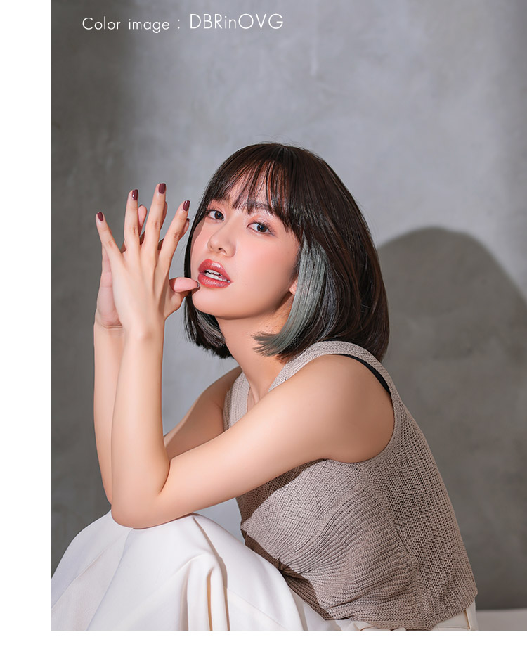 揺らめくイヤリングカラーボブウィッグ DBRinOVG.ディープブラウンinオリーブグレージュ 着用イメージ画像