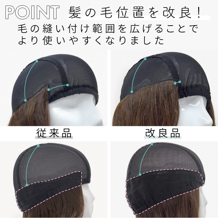 前髪取り外し式髪付き帽子 セミディカール人毛MIXは従来噛みつく帽子から髪の毛位置を改良!毛の縫い付け範囲を広げることでより使いやすくなりました
