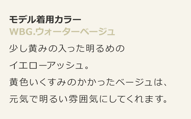 ミーティアレインロング WBG.ウォーターベージュ:少し黄みの入った明るめのイエローアッシュ。黄色いくすみのかかったベージュは、元気で明るい雰囲気にしてくれます。