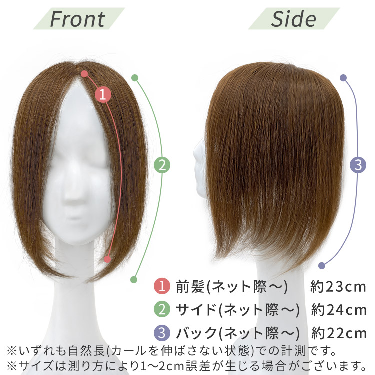人毛100% ヘアピース T型ベースリアルスキン フロント・サイドの写真