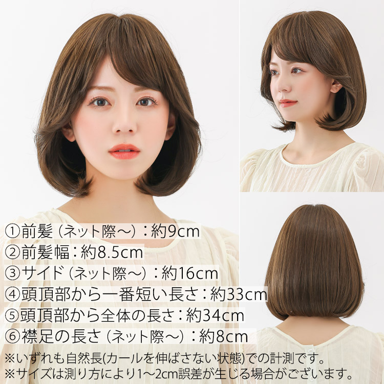 医療用ウィッグフロント・サイド・バックの写真