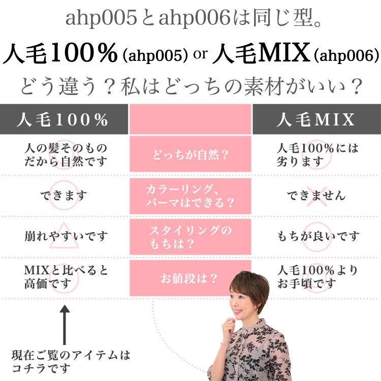 ahp005とahp006は同じ型。人毛100%(ahp005)or人毛MIX(ahp006)どう違う?私はどっちの素材がいい?