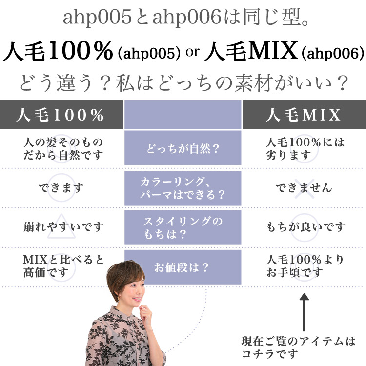 ahp005とahp006は同じ型。人毛100%(ahp005)or人毛MIX(ahp006)どう違う?私はどっちの素材がいい?