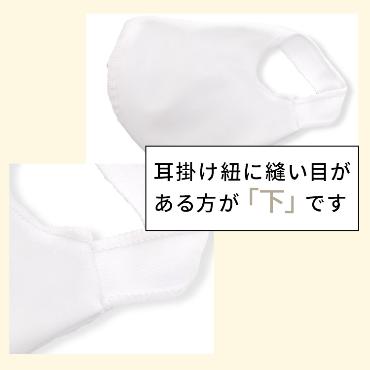 アクアドールのケア用品、洗える伸縮性素材の立体布マスク 耳掛け紐に縫い目がある方が「下」です。