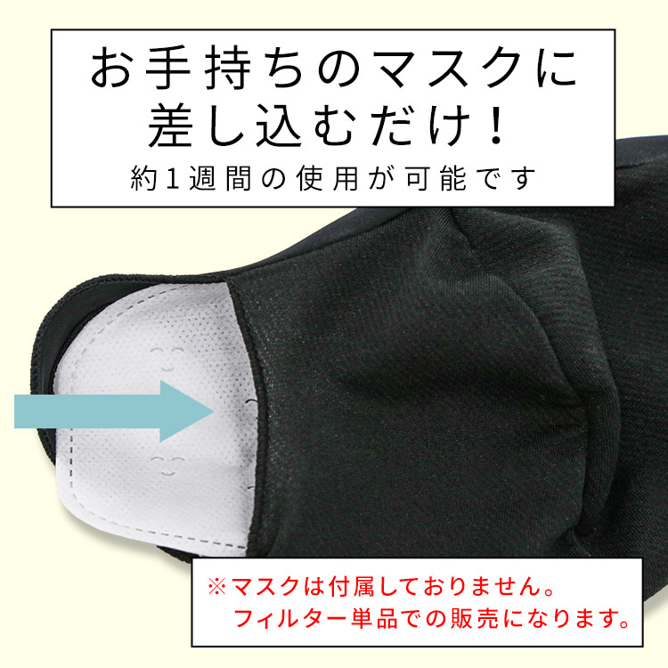 アクアドールのケア用品、マスク用使い捨てフィルターシートはお手持ちのマスクに差し込むだけ!約1週間の使用が可能です!※マスクは付属しておりません。フィルター単品での販売になります。