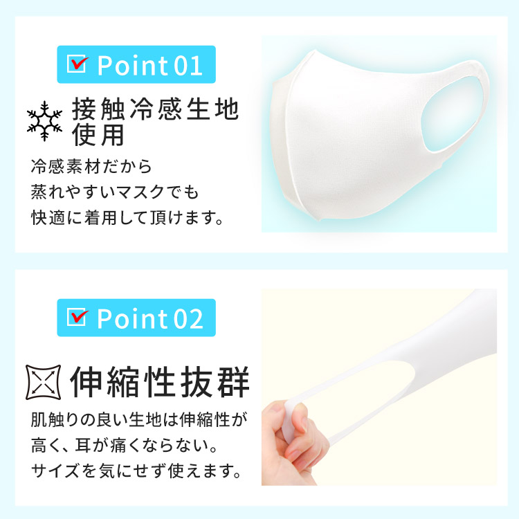 アクアドールのケア用品、洗える伸縮立体マスク Point01.接触冷感生地使用 Point02.伸縮性抜群
