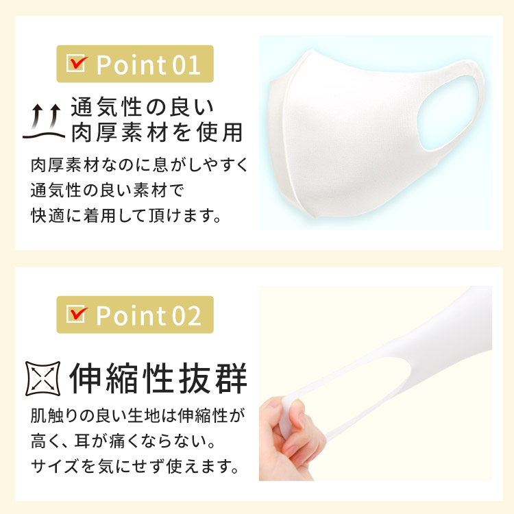 アクアドールのケア用品、秋冬用 洗える伸縮立体マスク Point01.通気性の良い肉厚素材を使用 Point02.伸縮性抜群
