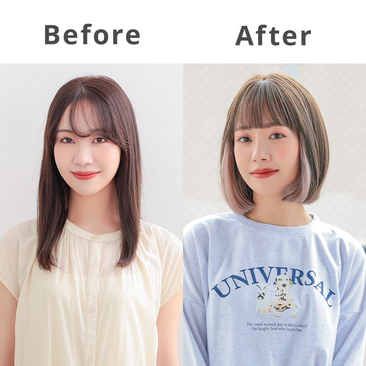 揺らめくイヤリングカラーボブウィッグ着用「ビフォー/アフター」画像