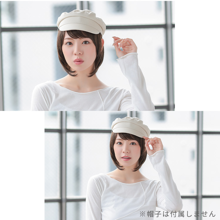 髪付き帽子ウィッグセミショート人毛ミックス着用イメージ画像