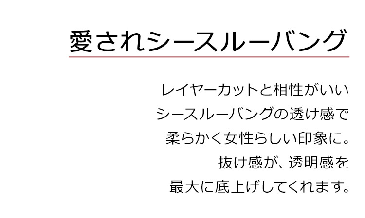 フェザーロングストレートは、愛されシースルーバング。レイヤーカットと相性がいいシースルーバングの透け感で、柔らかく女性らしい印象に。抜け感が、透明感を最大に底上げしてくれます。