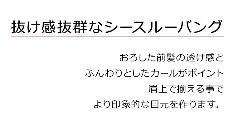 アマリリスロングは、抜け感抜群なシースルーバング。おろした前髪の透け感とふんわりとしたカールがポイント眉上で揃える事でより印象的な目元を作ります。