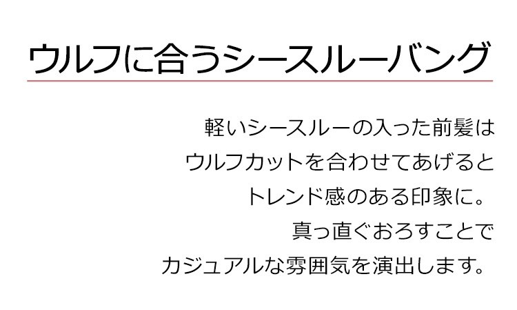 プレジーウルフミディは、ウルフに合うシースルーバング。軽いシースルーの入った前髪はウルフカットを合わせてあげるとトレンド感のある印象に。真っ直ぐおろすことでカジュアルな雰囲気を演出します。